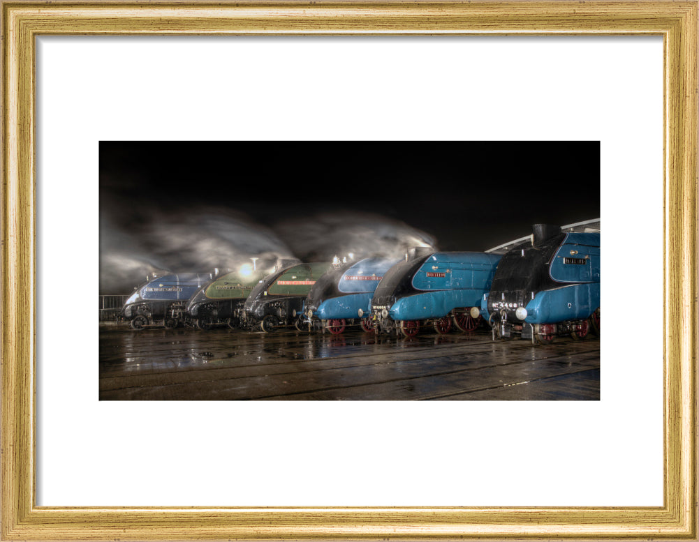 A-4 Class locomotives at the Great Gathering/ Great Goodbye in the National Railway Museum Shildon, 2014. art print small gold Art Print - Science Museum Shop