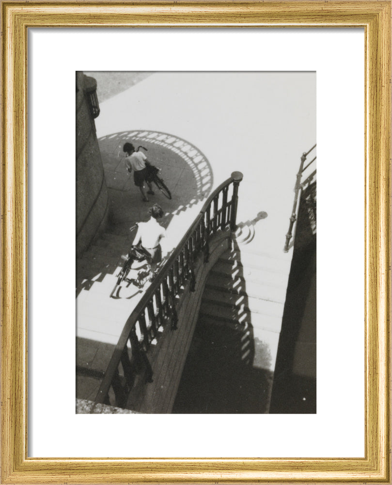 Carrying bicycles down steps art print extra small gold Art Print - Science Museum Shop