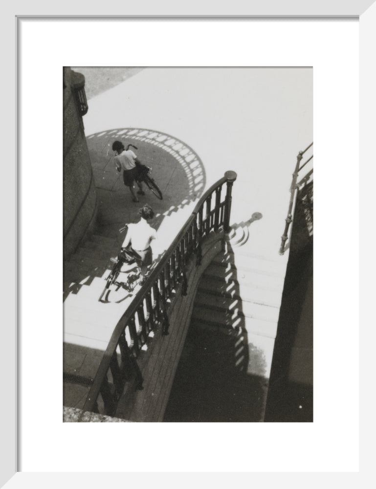 Carrying bicycles down steps art print small white Art Print - Science Museum Shop