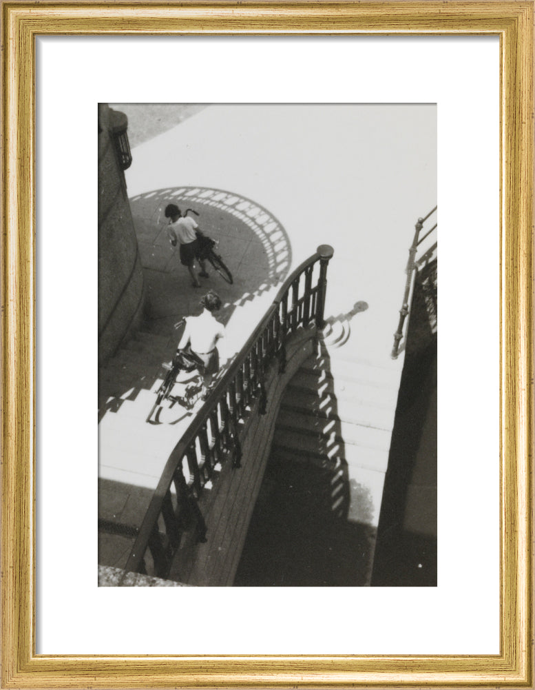 Carrying bicycles down steps art print small gold Art Print - Science Museum Shop