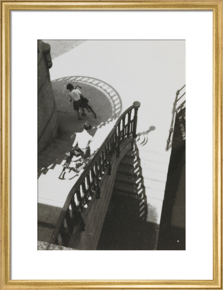 Carrying bicycles down steps art print medium gold Art Print - Science Museum Shop