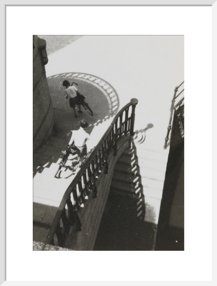 Carrying bicycles down steps art print large white Art Print - Science Museum Shop