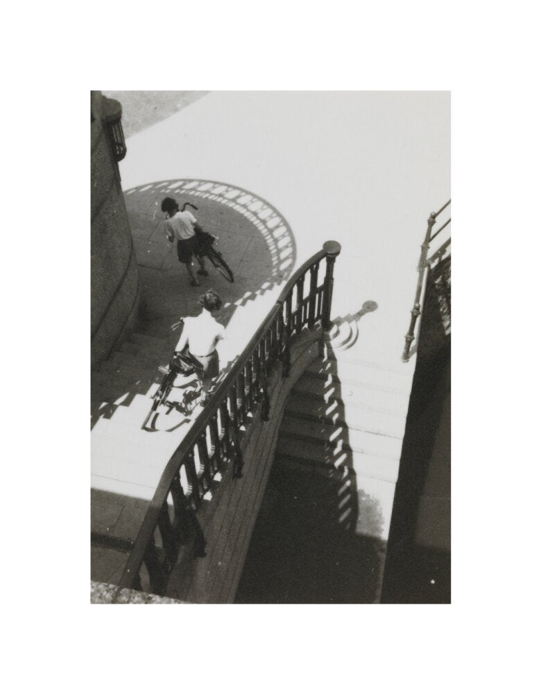 Carrying bicycles down steps unstretched canvas small none Art Print - Science Museum Shop