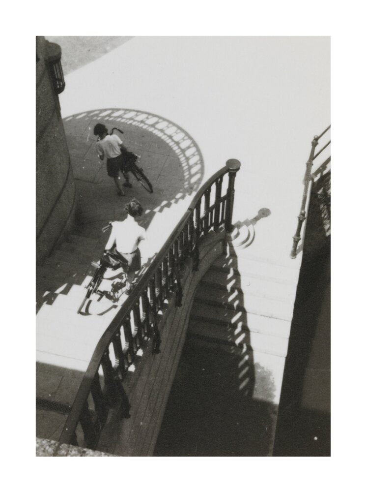 Carrying bicycles down steps unstretched canvas large none Art Print - Science Museum Shop