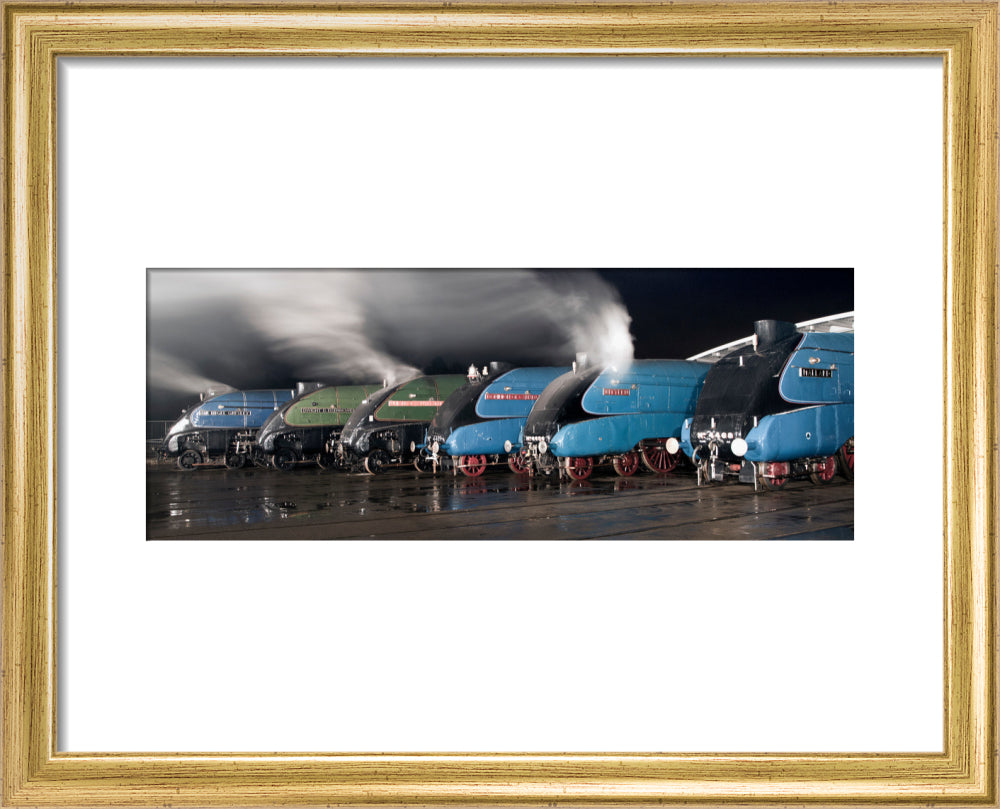 A-4 Class locomotives at the Great Gathering Great Goodbye in the National Railway Museum Shildon, 2014. art print extra small gold Art Print - Science Museum Shop