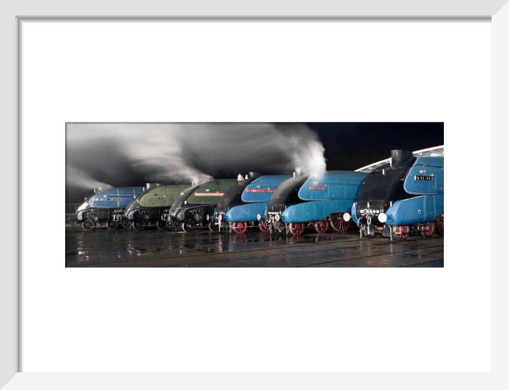 A-4 Class locomotives at the Great Gathering Great Goodbye in the National Railway Museum Shildon, 2014. art print small white Art Print - Science Museum Shop