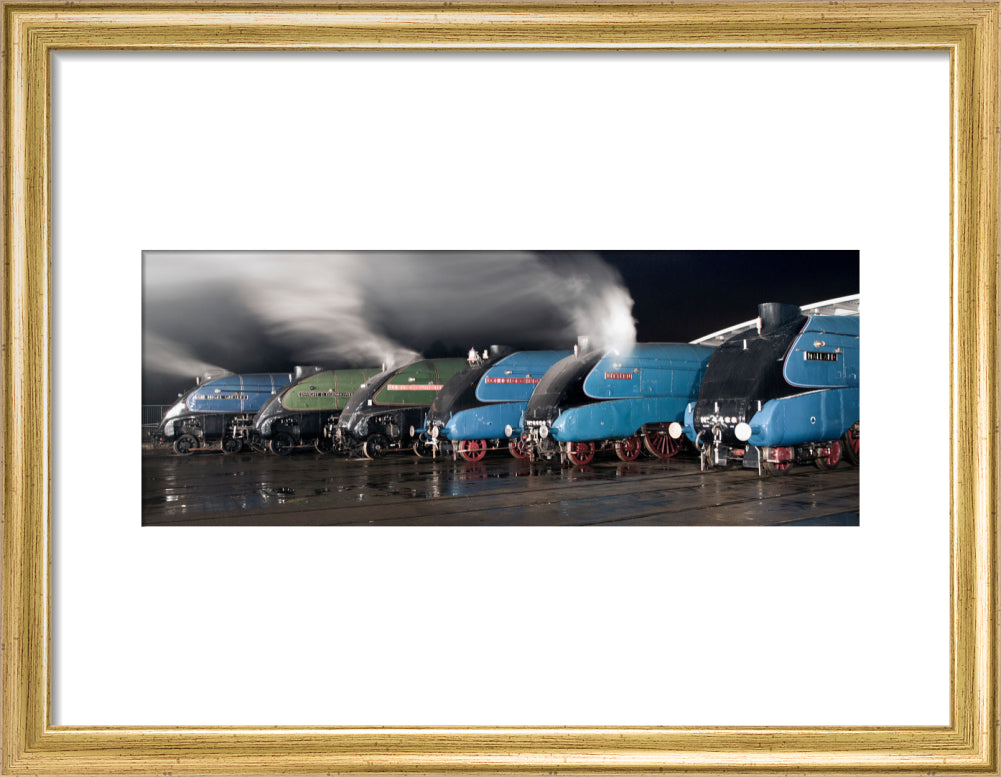 A-4 Class locomotives at the Great Gathering Great Goodbye in the National Railway Museum Shildon, 2014. art print small gold Art Print - Science Museum Shop