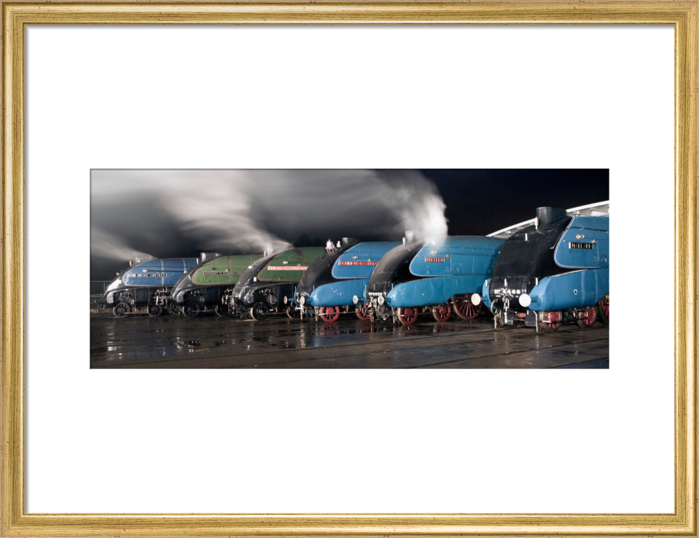 A-4 Class locomotives at the Great Gathering Great Goodbye in the National Railway Museum Shildon, 2014. art print medium gold Art Print - Science Museum Shop