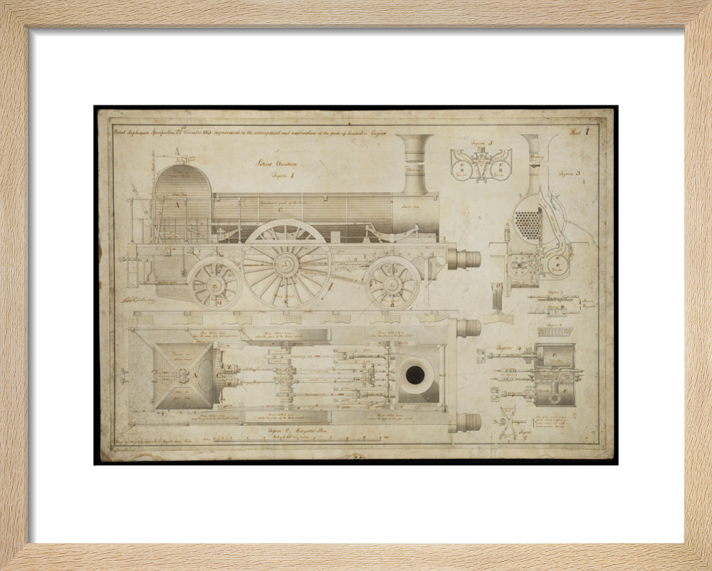 Improvements in the arrangement...of the parts of locomotive engines, 1841 art print extra small natural Art Print - Science Museum Shop