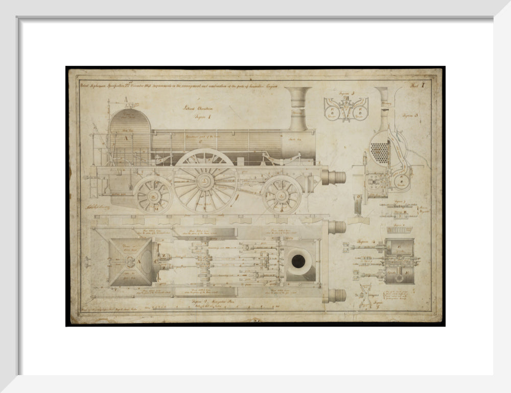 Improvements in the arrangement...of the parts of locomotive engines, 1841 art print small white Art Print - Science Museum Shop
