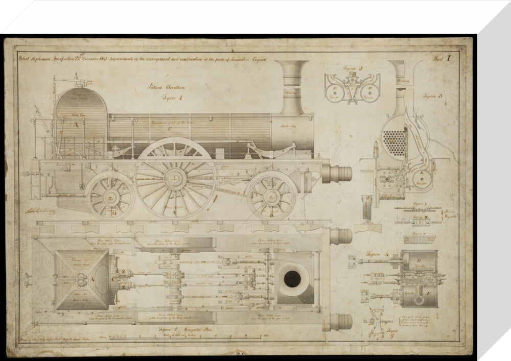 Improvements in the arrangement...of the parts of locomotive engines, 1841 stretched canvas small none Art Print - Science Museum Shop