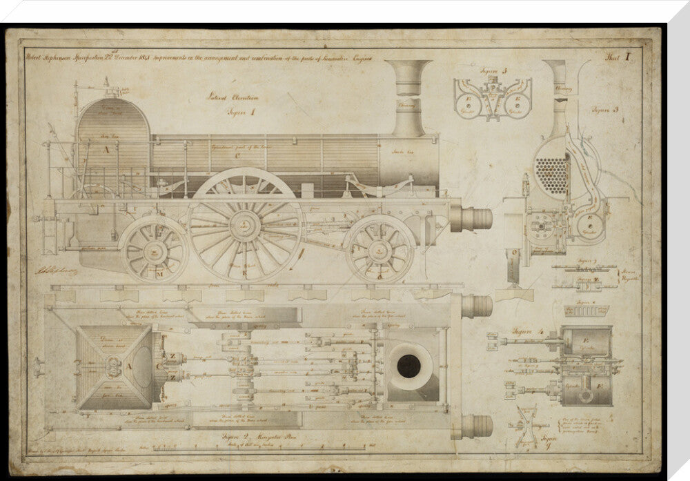 Improvements in the arrangement...of the parts of locomotive engines, 1841 stretched canvas large none Art Print - Science Museum Shop
