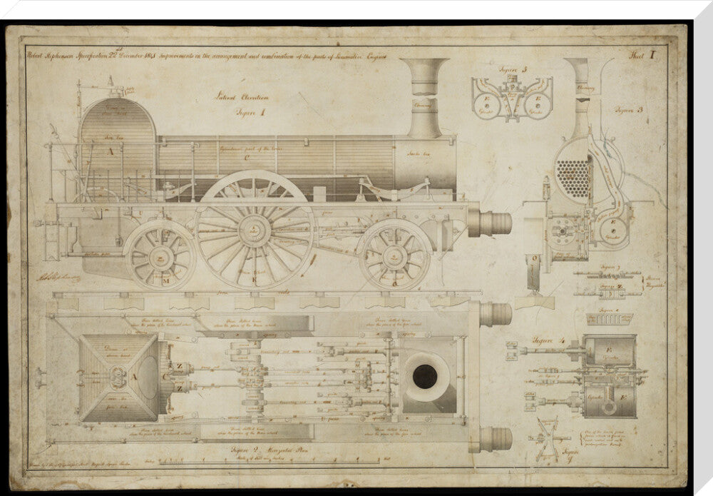 Improvements in the arrangement...of the parts of locomotive engines, 1841 stretched canvas extra large none Art Print - Science Museum Shop