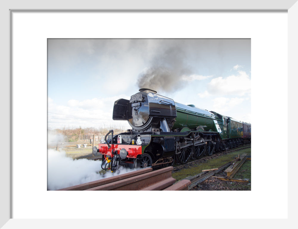 Flying Scotsman locomotive leaving the National Railway Museum, 2016. art print small white Art Print - Science Museum Shop
