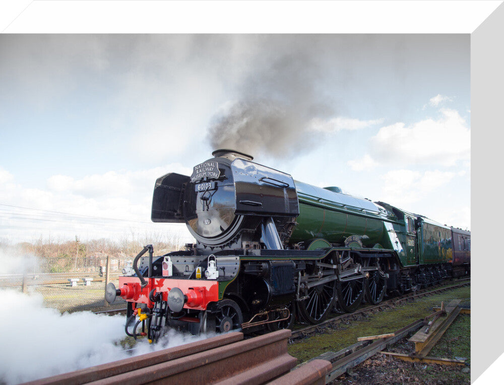 Flying Scotsman locomotive leaving the National Railway Museum, 2016. stretched canvas small none Art Print - Science Museum Shop
