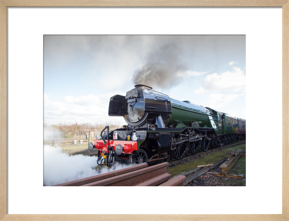 Flying Scotsman locomotive leaving the National Railway Museum, 2016. art print medium natural Art Print - Science Museum Shop