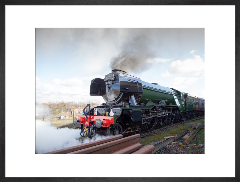 Flying Scotsman locomotive leaving the National Railway Museum, 2016. art print large black Art Print - Science Museum Shop