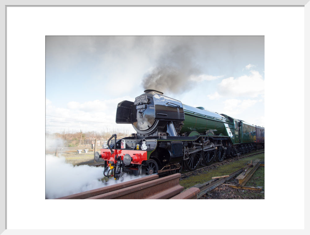 Flying Scotsman locomotive leaving the National Railway Museum, 2016. art print large white Art Print - Science Museum Shop