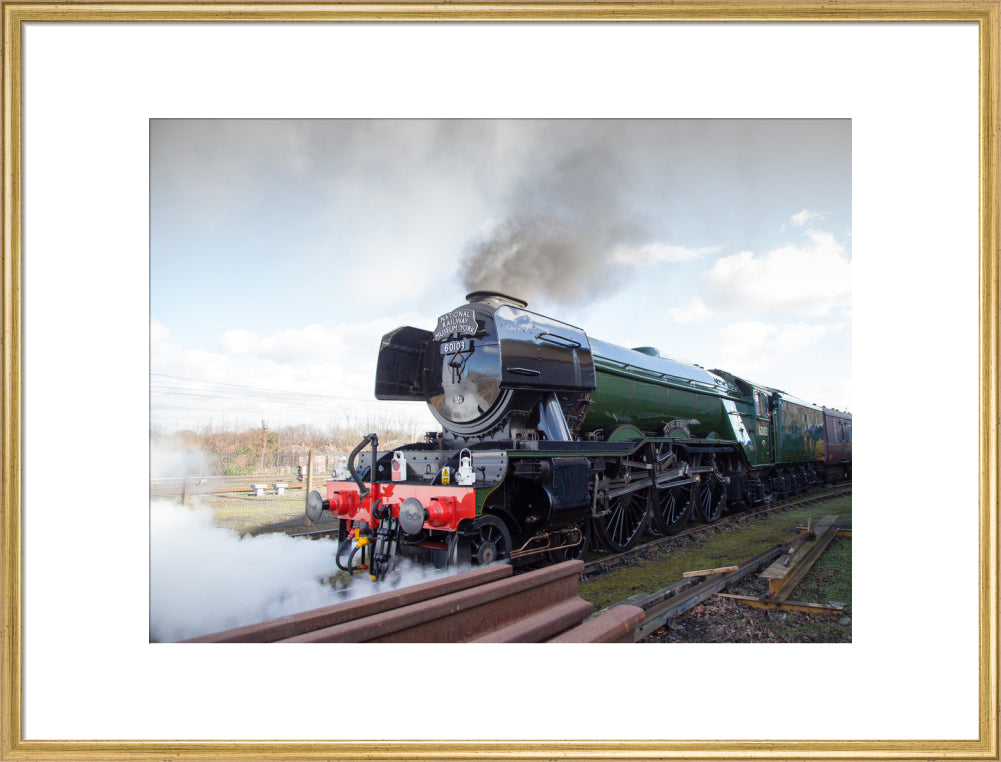 Flying Scotsman locomotive leaving the National Railway Museum, 2016. art print extra large gold Art Print - Science Museum Shop