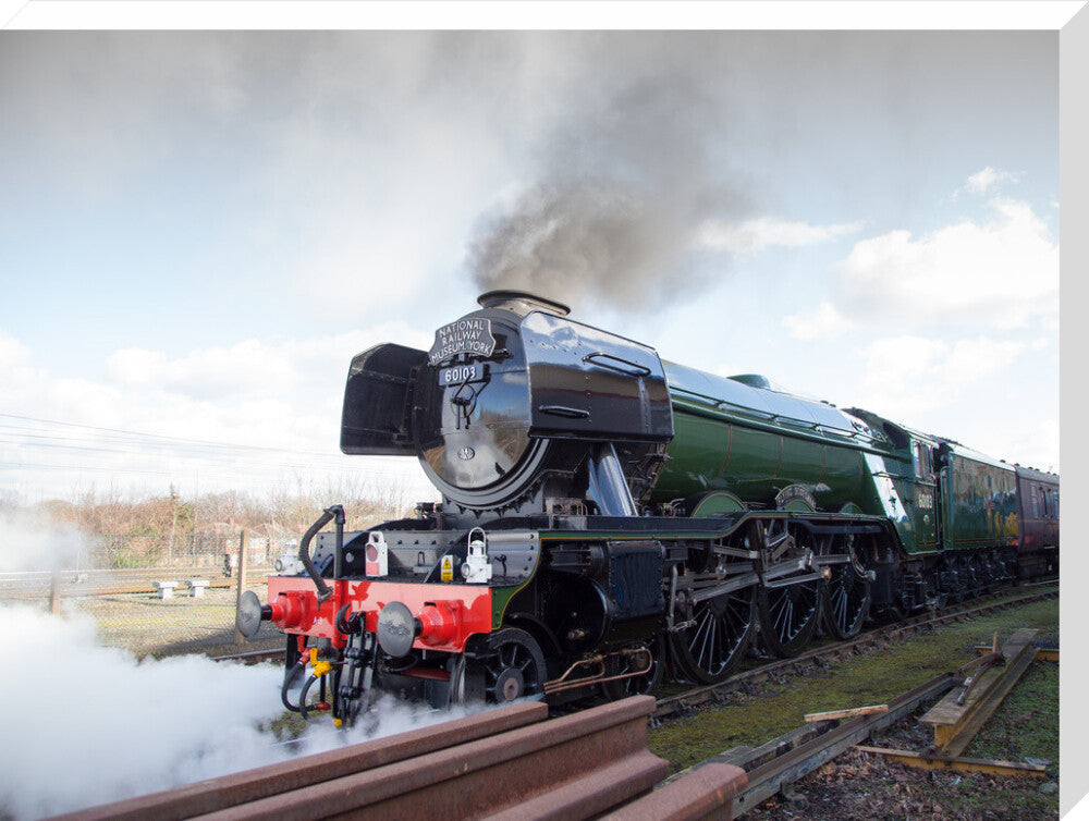 Flying Scotsman locomotive leaving the National Railway Museum, 2016. stretched canvas extra large none Art Print - Science Museum Shop