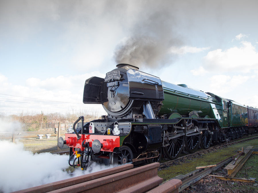 Flying Scotsman locomotive leaving the National Railway Museum, 2016. Art Print - Science Museum Shop