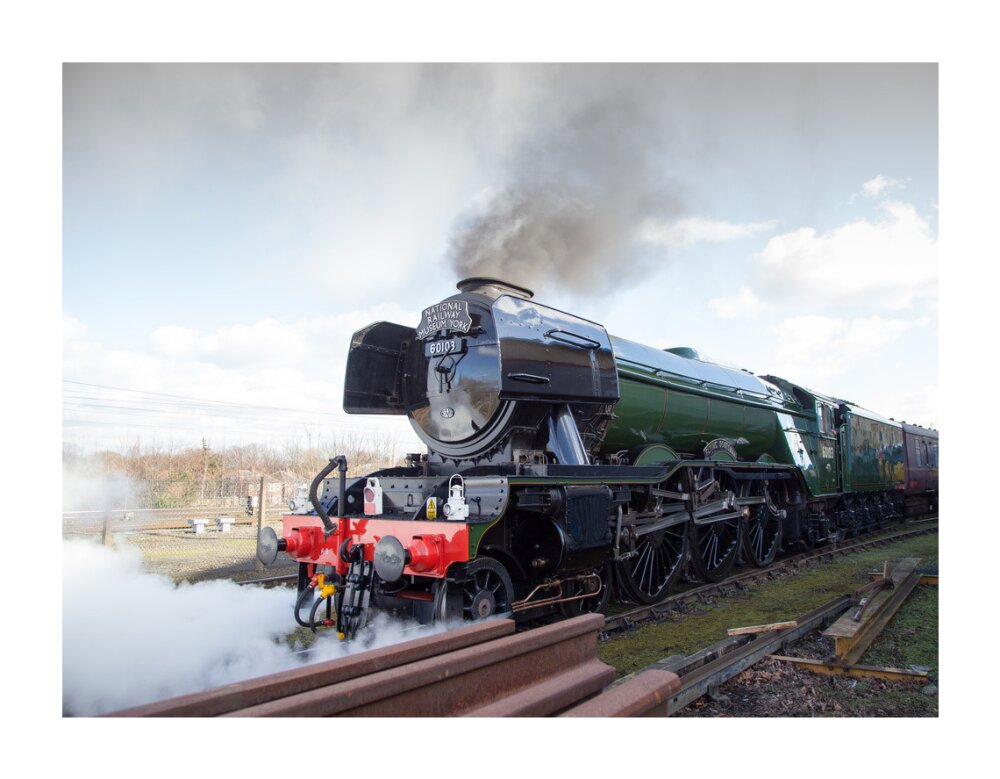 Flying Scotsman locomotive leaving the National Railway Museum, 2016. unstretched canvas extra large none Art Print - Science Museum Shop