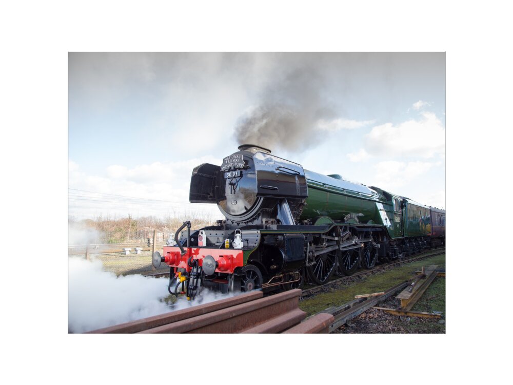 Flying Scotsman locomotive leaving the National Railway Museum, 2016. art print large none Art Print - Science Museum Shop