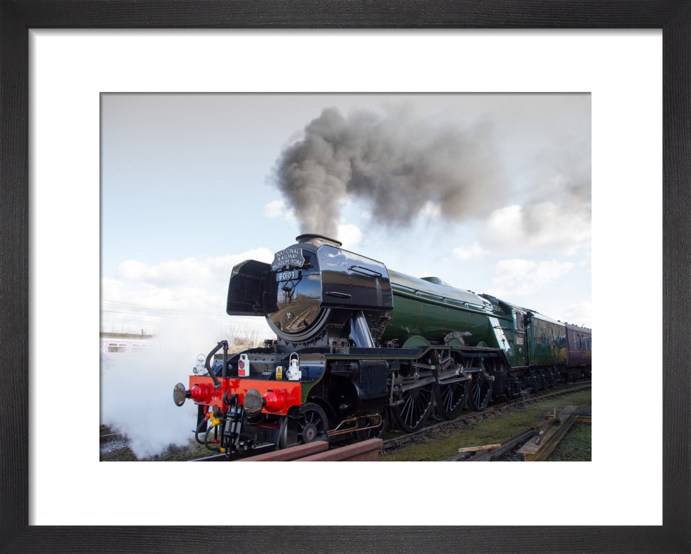 Flying Scotsman locomotive leaving the National Railway Museum, 2016. art print extra small black Art Print - Science Museum Shop
