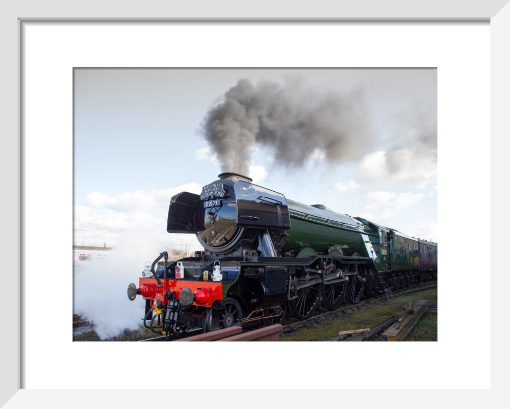 Flying Scotsman locomotive leaving the National Railway Museum, 2016. art print extra small white Art Print - Science Museum Shop