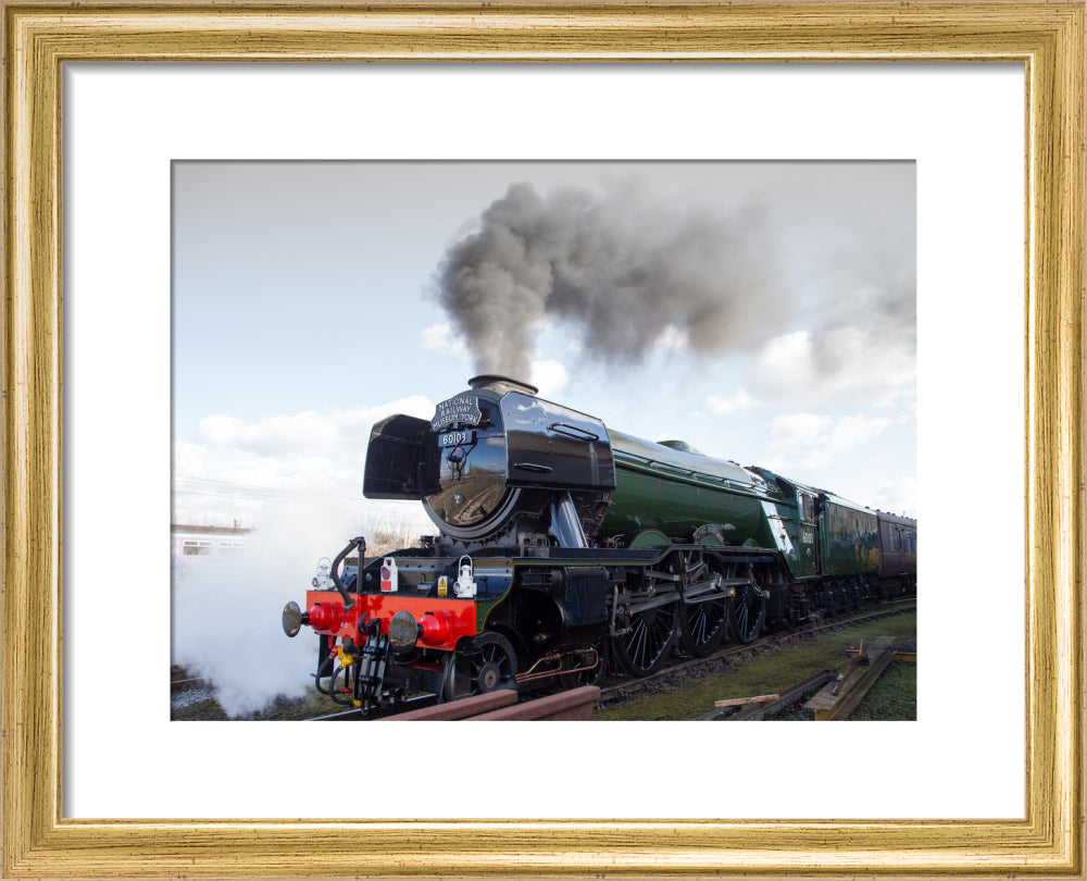 Flying Scotsman locomotive leaving the National Railway Museum, 2016. art print extra small gold Art Print - Science Museum Shop