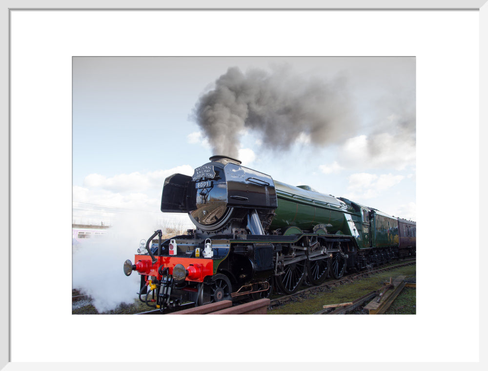Flying Scotsman locomotive leaving the National Railway Museum, 2016. art print large white Art Print - Science Museum Shop
