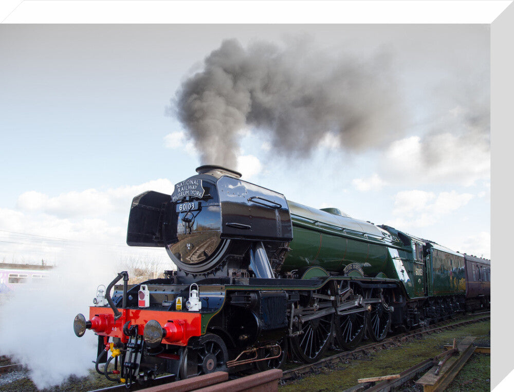 Flying Scotsman locomotive leaving the National Railway Museum, 2016. stretched canvas medium none Art Print - Science Museum Shop