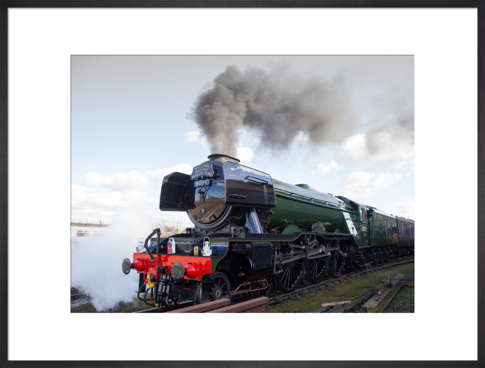 Flying Scotsman locomotive leaving the National Railway Museum, 2016. art print extra large black Art Print - Science Museum Shop
