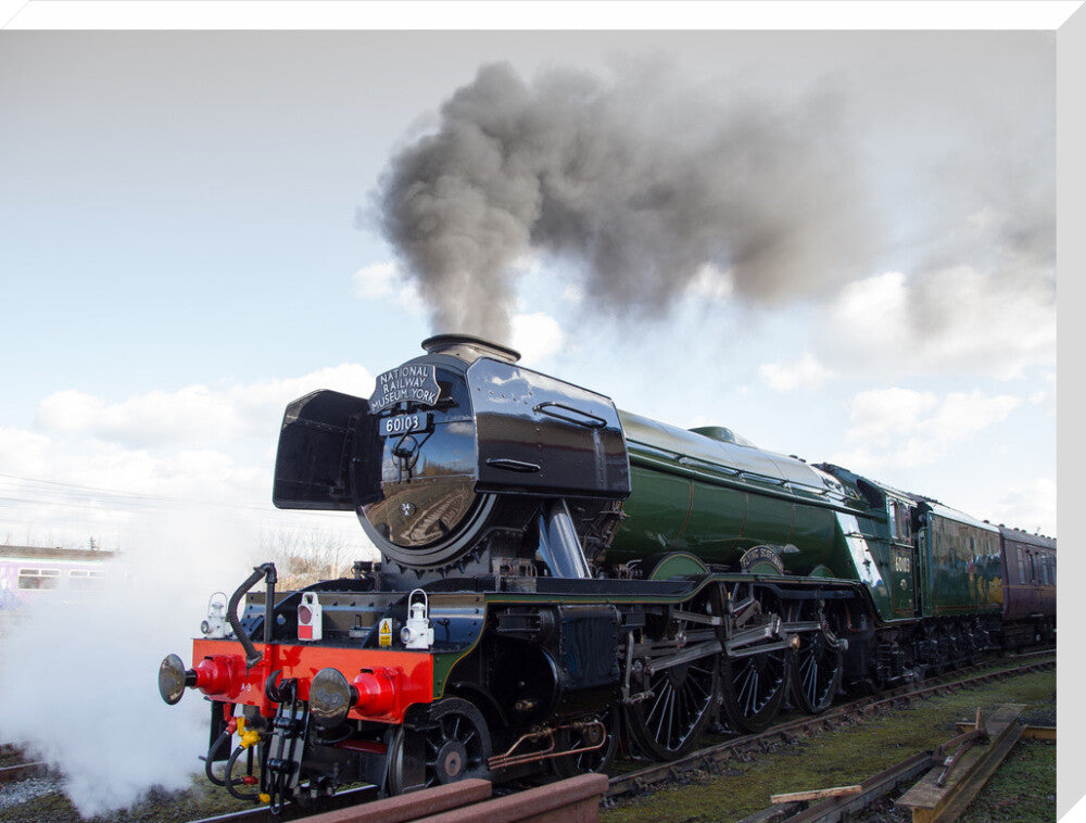 Flying Scotsman locomotive leaving the National Railway Museum, 2016. stretched canvas extra large none Art Print - Science Museum Shop
