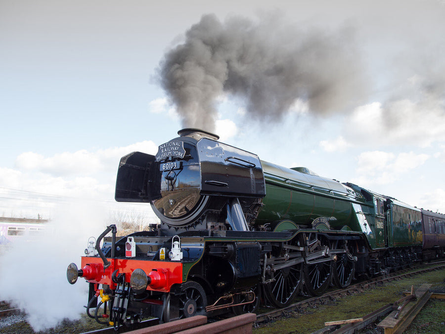 Flying Scotsman locomotive leaving the National Railway Museum, 2016. Art Print - Science Museum Shop