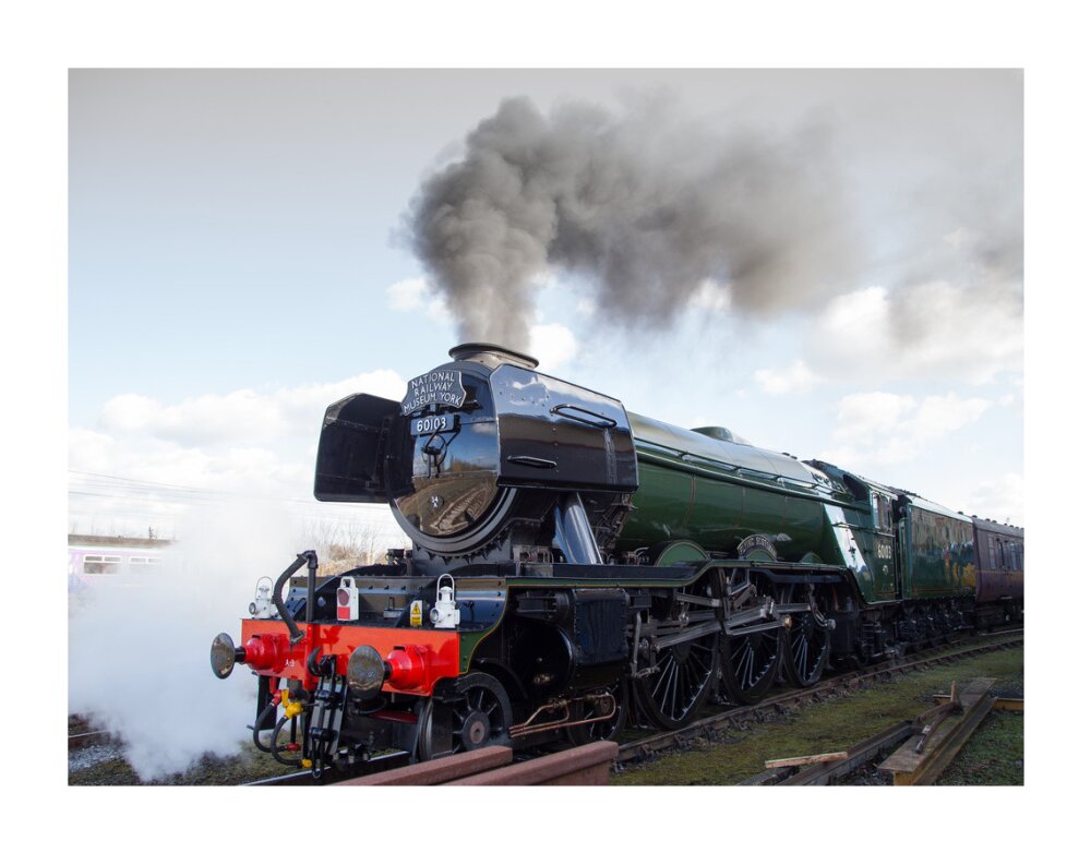 Flying Scotsman locomotive leaving the National Railway Museum, 2016. unstretched canvas extra large none Art Print - Science Museum Shop
