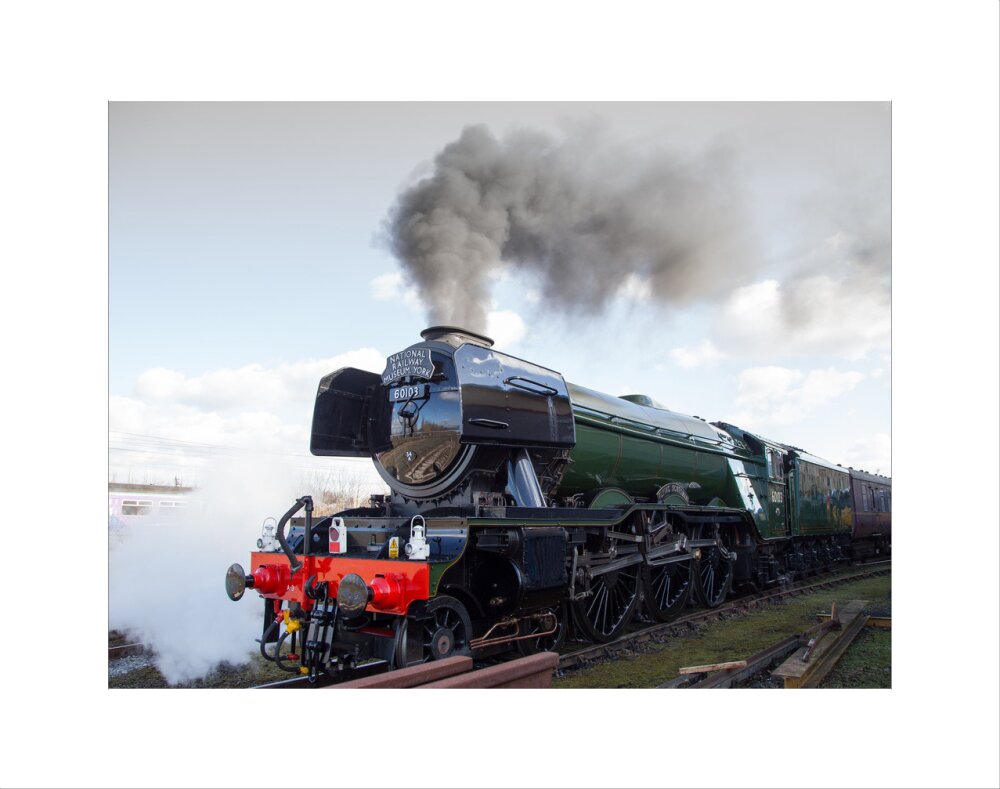 Flying Scotsman locomotive leaving the National Railway Museum, 2016. art print extra small none Art Print - Science Museum Shop