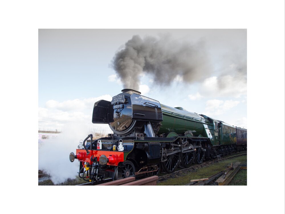 Flying Scotsman locomotive leaving the National Railway Museum, 2016. art print large none Art Print - Science Museum Shop