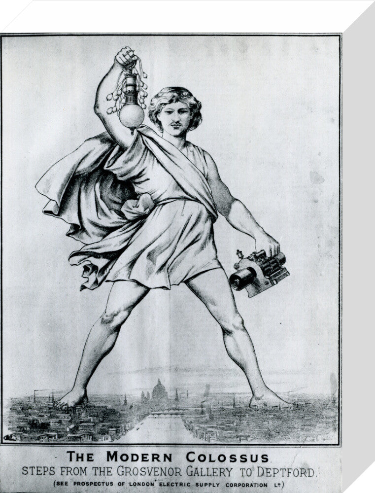 Reproduction print of a cartoon in 'Electrical Plant', May, 1889 stretched canvas small none Art Print - Science Museum Shop