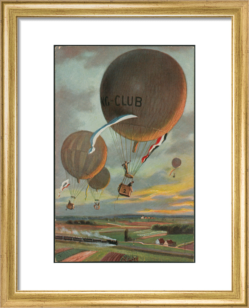 Postcard for a Hot Air Balloon race over the French countryside. art print extra small gold Art Print - Science Museum Shop