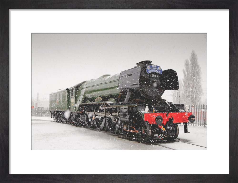 Flying Scotsman locomotive in the snow, 2016. art print small black Art Print - Science Museum Shop