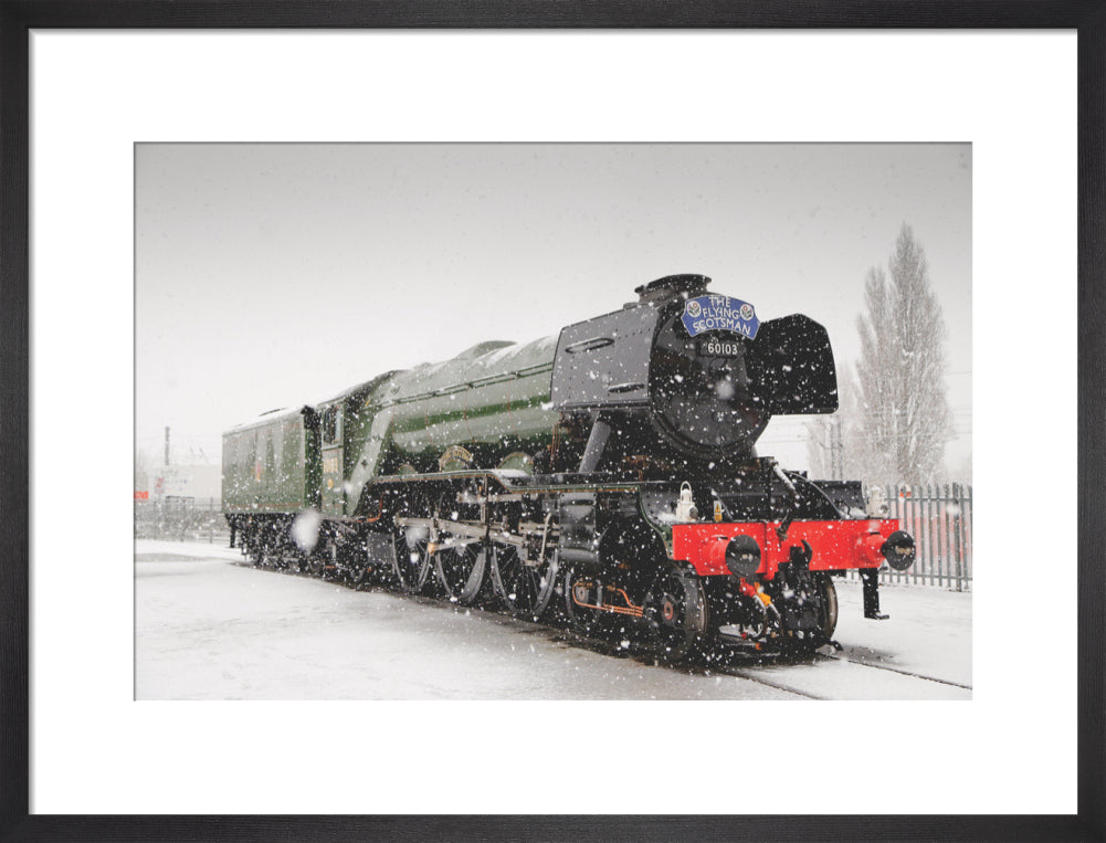 Flying Scotsman locomotive in the snow, 2016. art print medium black Art Print - Science Museum Shop