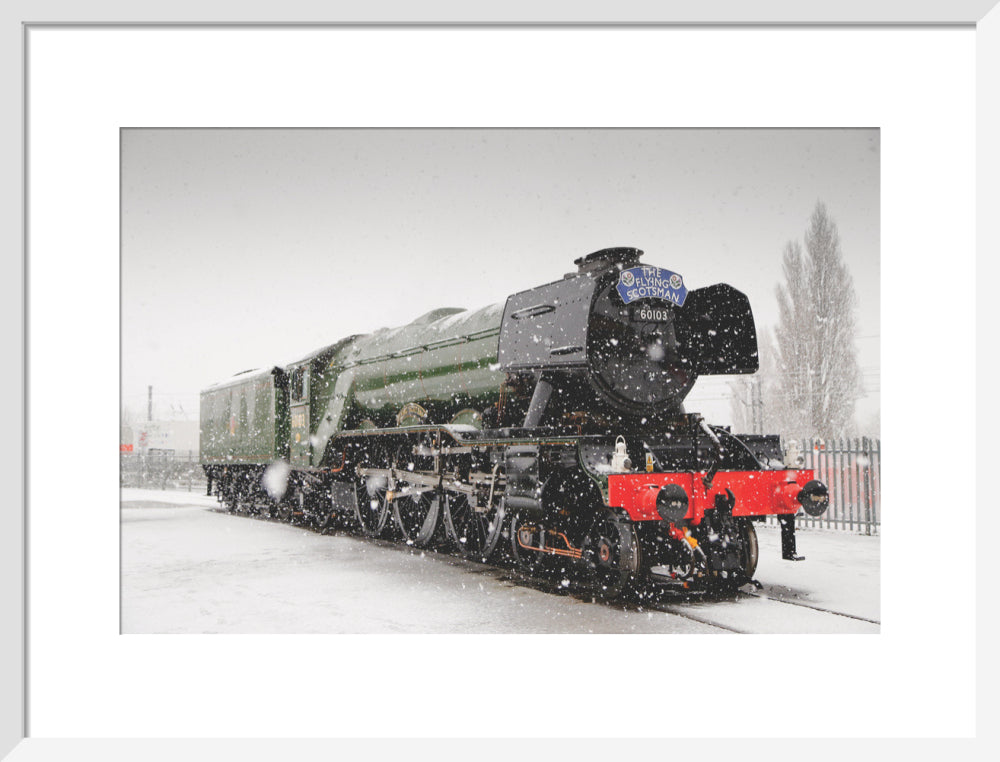Flying Scotsman locomotive in the snow, 2016. art print medium white Art Print - Science Museum Shop
