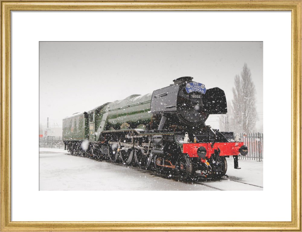 Flying Scotsman locomotive in the snow, 2016. art print medium gold Art Print - Science Museum Shop