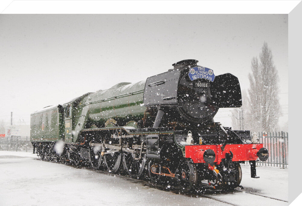 Flying Scotsman locomotive in the snow, 2016. stretched canvas medium none Art Print - Science Museum Shop