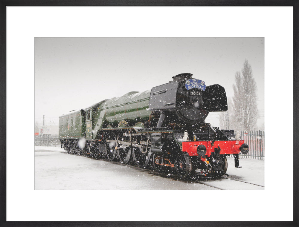 Flying Scotsman locomotive in the snow, 2016. art print large black Art Print - Science Museum Shop