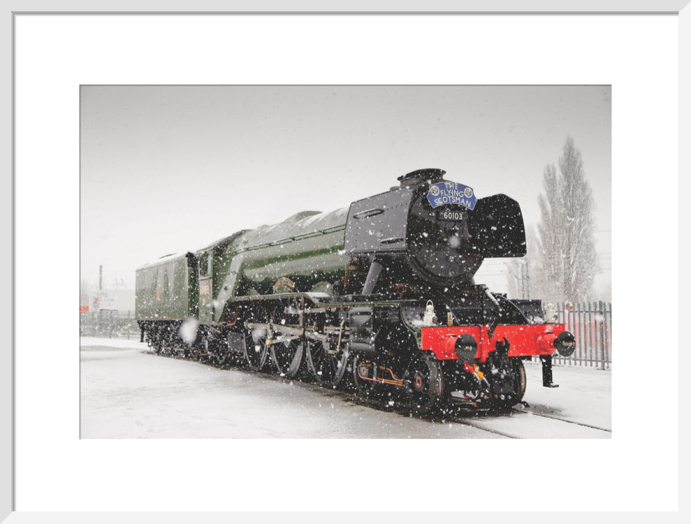 Flying Scotsman locomotive in the snow, 2016. art print large white Art Print - Science Museum Shop