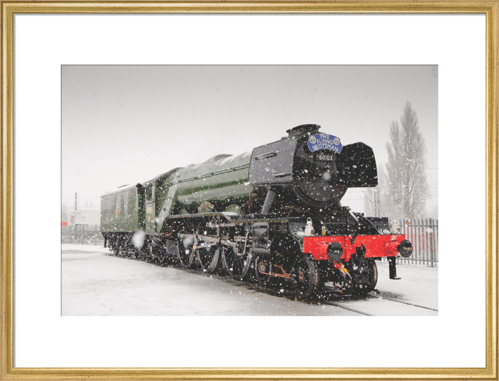 Flying Scotsman locomotive in the snow, 2016. art print large gold Art Print - Science Museum Shop
