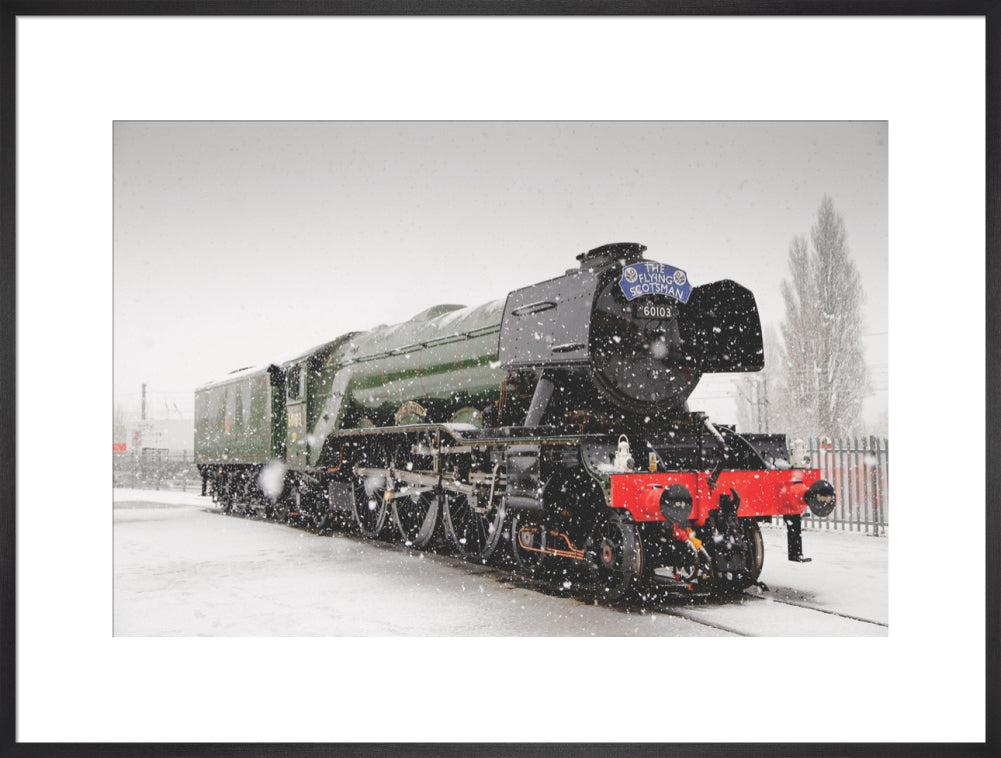 Flying Scotsman locomotive in the snow, 2016. art print extra large black Art Print - Science Museum Shop