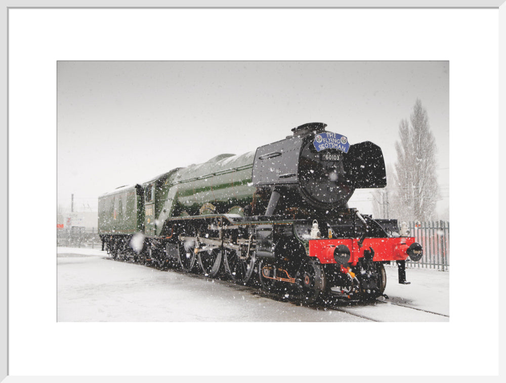 Flying Scotsman locomotive in the snow, 2016. art print extra large white Art Print - Science Museum Shop